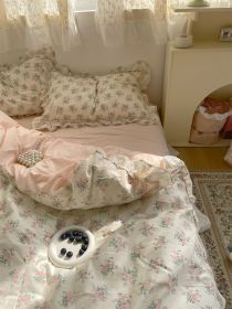 Fragmented Flower All Cotton Four Piece Lace Pure Bed Sheet Quilt Cover Bed Skirt Bedclothes (Option: Flower language-Bed sheet style-1.2M three piece set)